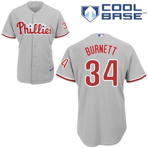 A-J Burnett #34 MLB Jersey-Philadelphia Phillies Men's Authentic Road Gray Cool Base Baseball Jersey